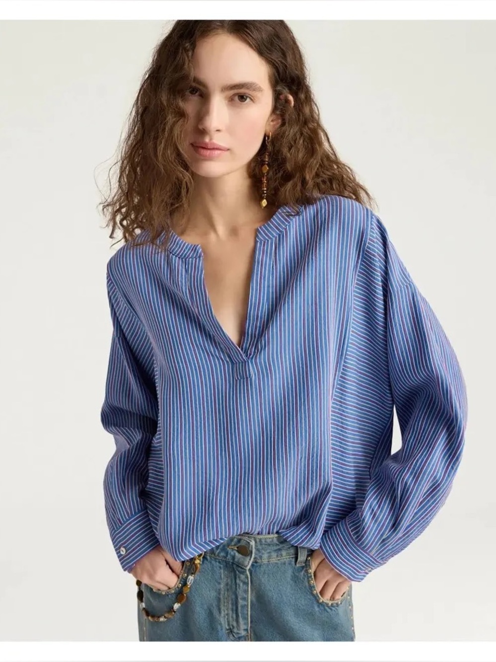 Momoni 100% seta silk blouse geometric pattern pullover collarless SZ 44 M/L